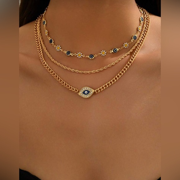 Jewelry - Gold 3 Piece Layered Evil Eye Necklace Set Gold Chain